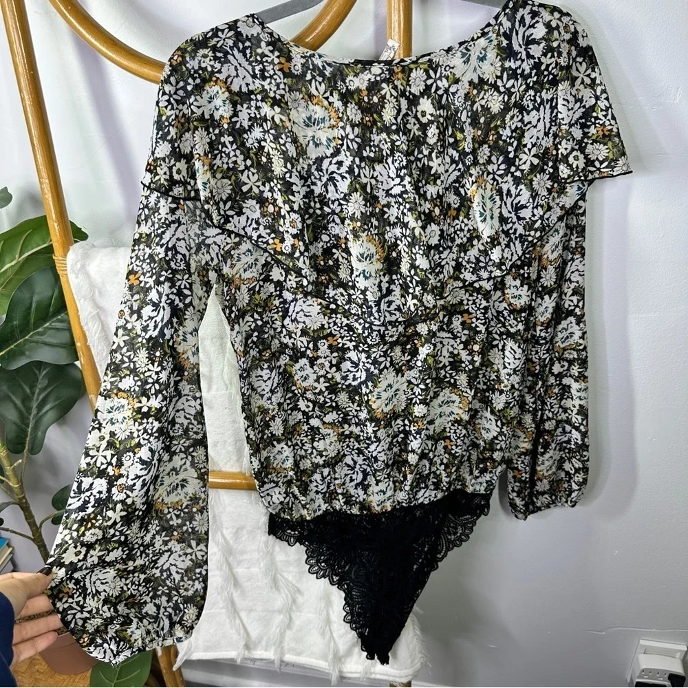 Free People Black Floral Bodysuit sz M